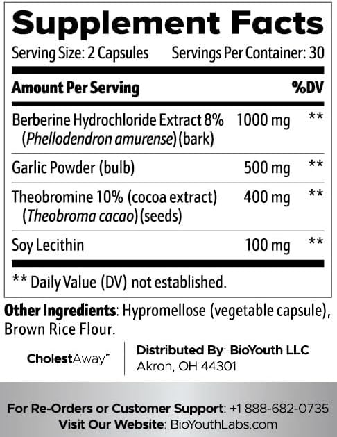 BioYouth Natural Cholesterol Lowering Support Supplement for Adults - Nutritious Blend of Garlic, Berberine, Coca Extract & Soy Lecithin - 60 Capsules