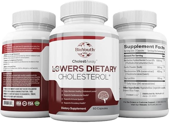 BioYouth Natural Cholesterol Lowering Support Supplement for Adults - Nutritious Blend of Garlic, Berberine, Coca Extract & Soy Lecithin - 60 Capsules