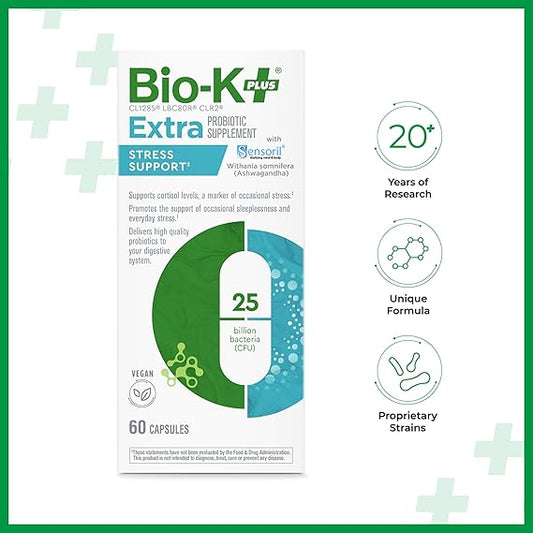 Bio K+ Extra Stress Support with Sensoril – Vegan Probiotic Supplement for Everyday Stress, Relieving Sleeplessness with 25 Billion CFU 3 Strains – 60 Capsules