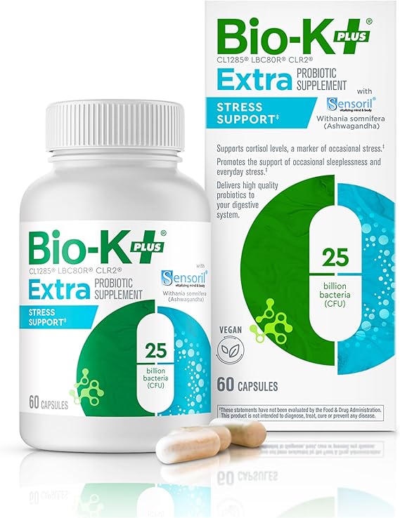 Bio K+ Extra Stress Support with Sensoril – Vegan Probiotic Supplement for Everyday Stress, Relieving Sleeplessness with 25 Billion CFU 3 Strains – 60 Capsules