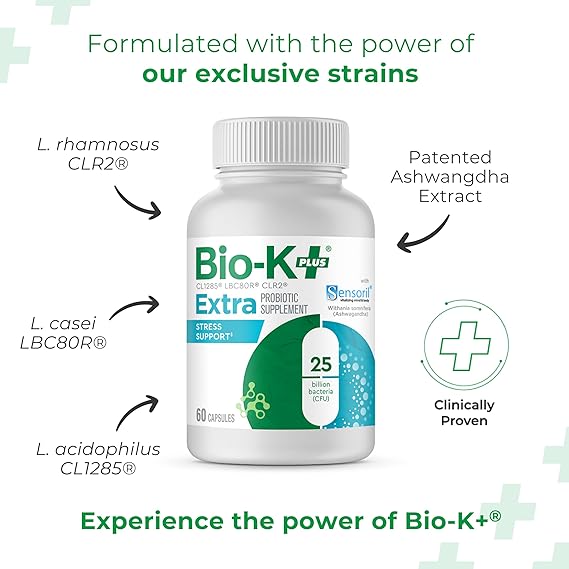 Bio K+ Extra Stress Support with Sensoril – Vegan Probiotic Supplement for Everyday Stress, Relieving Sleeplessness with 25 Billion CFU 3 Strains – 60 Capsules