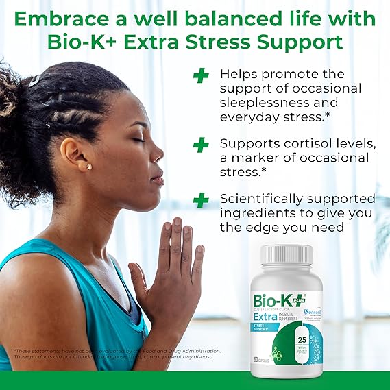 Bio K+ Extra Stress Support with Sensoril – Vegan Probiotic Supplement for Everyday Stress, Relieving Sleeplessness with 25 Billion CFU 3 Strains – 60 Capsules